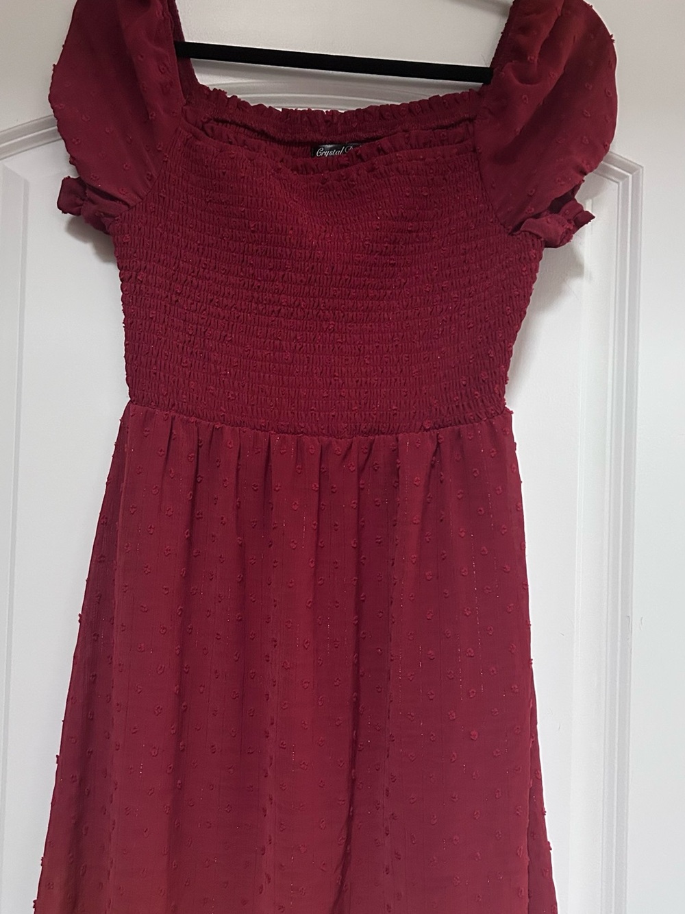 Crystal Doll Women’s Dress Rust Red Smocked Square Neck Short Sleeve Mini Sz M